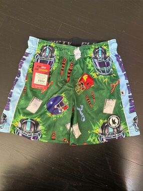 NWT Flow Society Kids Green Football Print Shorts with Light Blue Sides size YXL